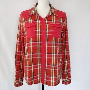 Adikto Western Coral Metallic Plaid Snap Button Down Shirt